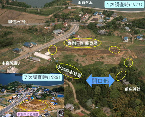 1次調査時(1973年)と7次調査時(1986年)の貝層の分布比較の航空写真