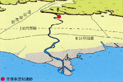 図の赤丸印が市原条里制遺跡で実信貝塚(村田川)周辺の海域の現代(臨海部埋立て前)の環境変遷図
