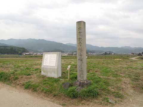 野原に建てられた大官大寺塔跡の写真