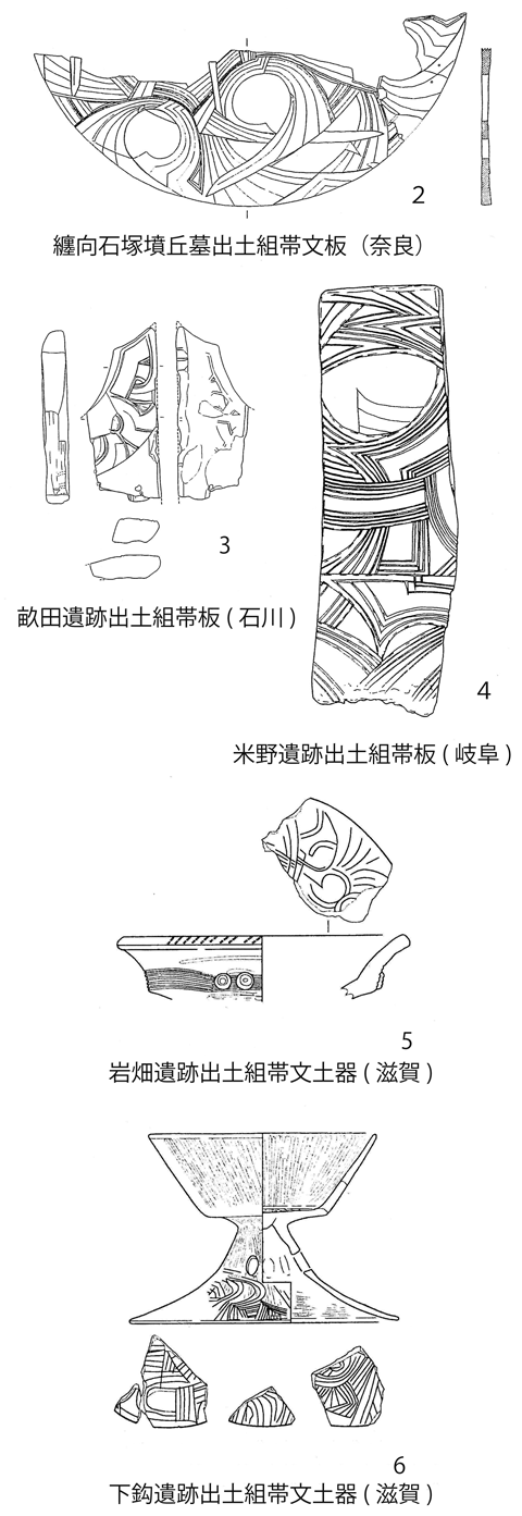 様々な遺跡や古墳で出土した文様のついた土器やその破片のイラスト