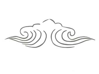 胴部において2段・1段がそれぞれ対を成し、6つの雲が沸き立っている灰釉花文浄瓶飛雲文のイラスト
