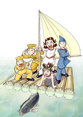 黒い魚がいる水の上を、5人の人がいかだに乗って進んでいるイラスト画像
