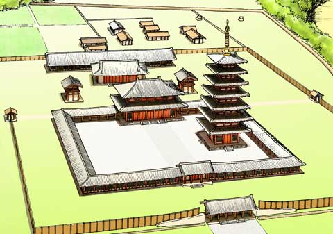 長大な回廊を周りに巡らせた金堂とその回廊の中に建てられた七重塔のイラスト