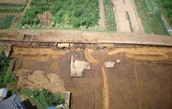 農地に囲まれた南大門跡地を上空から撮影した写真