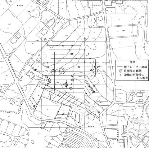 文中図2と表記されている地下レーダー探査による貝層分布範囲の地図の写真