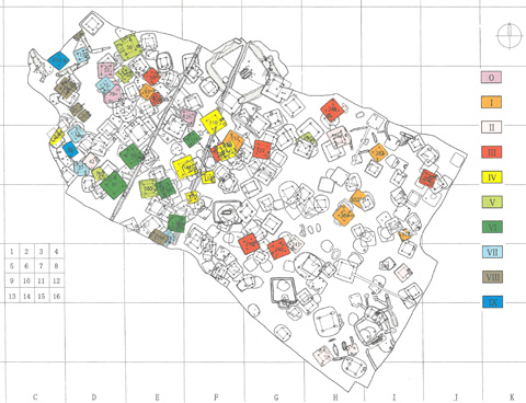 集落において遺跡ごとに色分けされた遺跡の配置図の画像