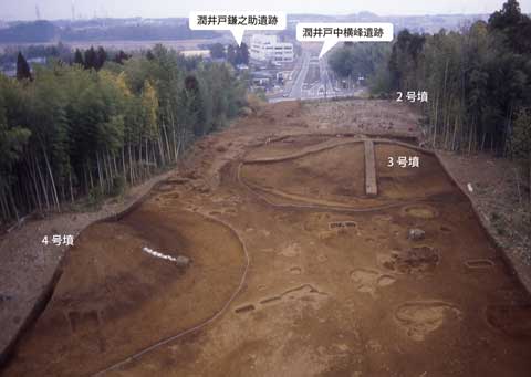 山の中のひらけた部分を上から写している写真で、所々に遺跡名や2号墳などの名称が吹き出しと文字で表されている画像