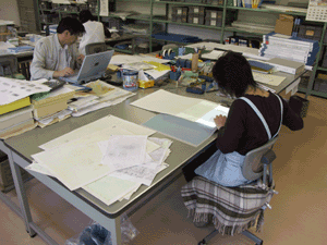 事務机が3つほど並んだ場所で書類性入りをしている男性と女性の写真