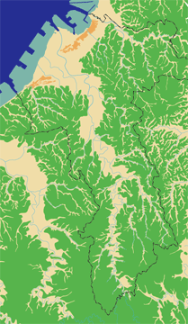 市原市の形を地形図で表示している。南から北の東京湾に流れる河川、養老川流域が主な範囲にあたる。
