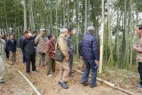 整備された遊歩道脇の竹やぶの前に立っている木に書かれた文字を見ている参加者たちの写真