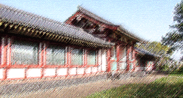 青空を背景に建つ、白い壁に赤い柱、瓦屋根の尼寺中門に少しモザイクをかけたイラスト