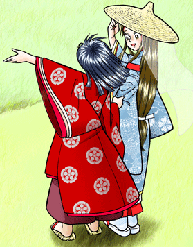 赤い着物を着た菅原孝標の女の後ろ姿と、水色の着物で笠を被った姉が寄り添っているイラスト