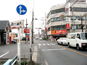 文字が消えかかっている「姉ケ崎」と書かれた標識と、片側一車線の道路の両側に建物が建っている写真