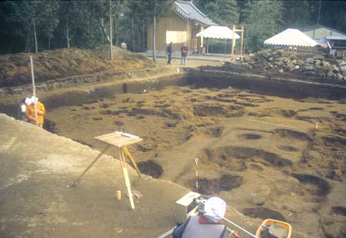 土に穴の開いた箇所が複数ある宮山遺跡を、3人の調査員が観察をしている写真