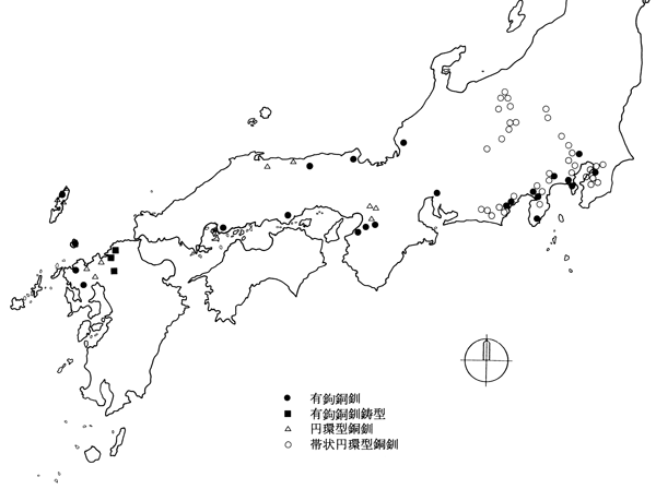 九州、四国、中国、中部地方の銅釧の分布を示した地図
