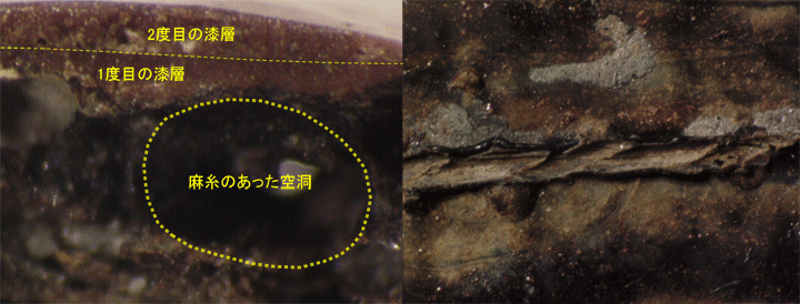 麻糸のあった空洞があり、その上部に一度目の漆層と二度目の漆層の様子を写した写真と、枝のような太さの糸状のものが画像の真ん中を横断している写真