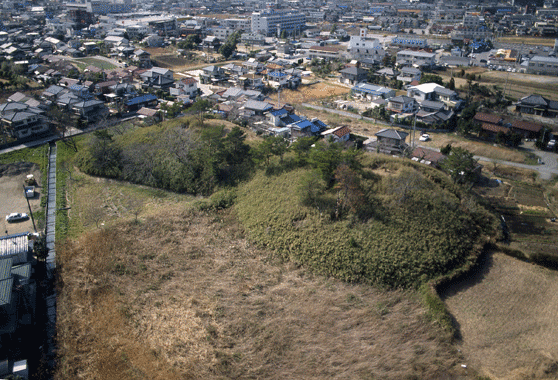 二子塚古墳や住宅地を西上空から写した写真