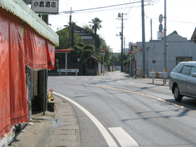 緩やかなカーブになっている道路を自動車が走行し、赤色のビニール暖簾がある建物が道路脇に建っている写真