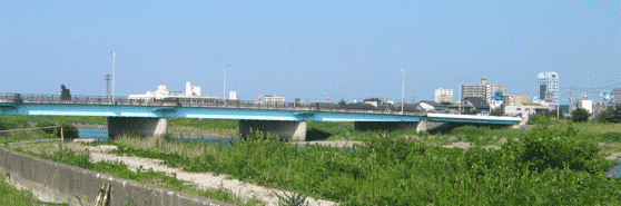 橋の袂にビルなどの建物が立ち並んでいる、養老大橋を土手から撮影した写真