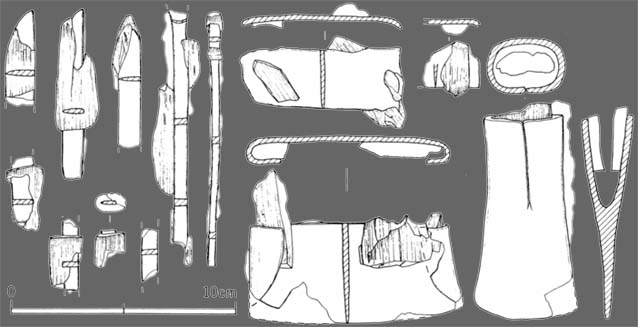 発掘された新皇塚古墳北槨副葬品を白黒の絵で描いた画像