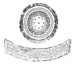 上総国分寺創建瓦の中の、二重の丸の中に花のような細かい模様がある軒丸瓦と外側は小さな点々で囲われ、その中に直線や曲線で作られた模様のある軒平瓦イラスト