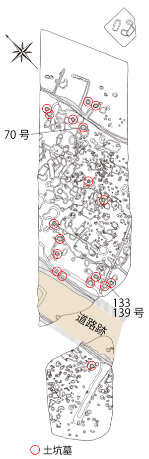 土坑跡が赤丸で記された発掘調査を表した地図
