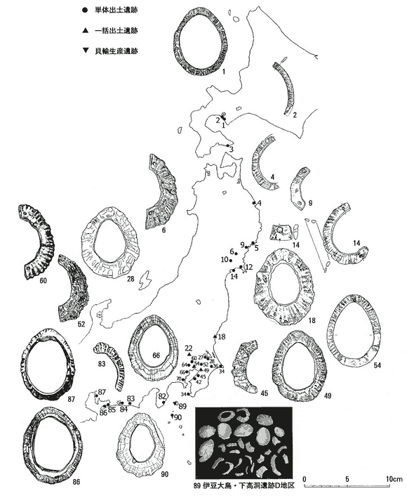 縄文時代のオオツタノハ製貝輪分布を示した関東より北の日本地図