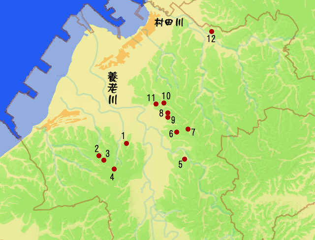市原市北部から中部の地図の上に、地点1から地点12までを赤丸で示されたイラスト