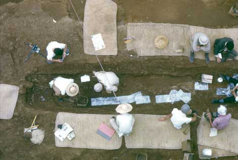 発掘された埋葬施設の溝に2名の山王山古墳調査団が入っているのを上空から撮影した写真