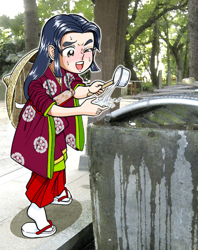 菅原孝標の女が手水鉢で手を洗っているイラスト写真
