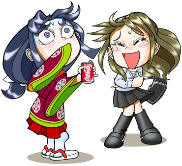 コーラを飲んでびっくりする菅原孝標の女と、それを見ながら笑うなるみの写真