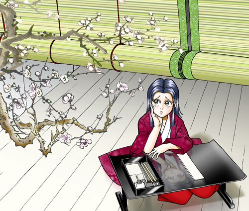 庭先の梅の花を見ながら、文机に向かい物思いに耽る菅原孝標の女のイラスト