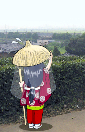 高台から市原市を見下ろす、和装をし笠を被った菅原孝標の女のイラスト写真