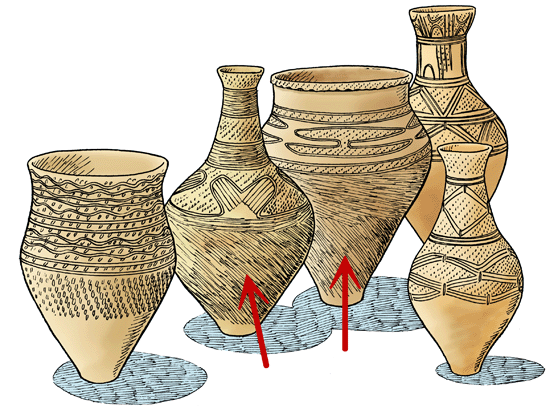 さまざまな形、模様の5つの土器のイメージイラストが描かれており、左から2、3番目の下の方までびっしりと線の模様が彫られた土器に赤い矢印が付いているイラスト