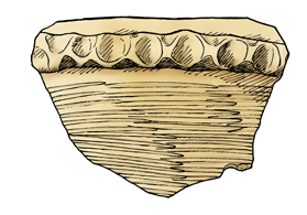 黄土色で上の部分がポコポコと窪んだ模様で下の方が横縞模様になっている樫王式(かしおうしき)土器の破片のイラスト