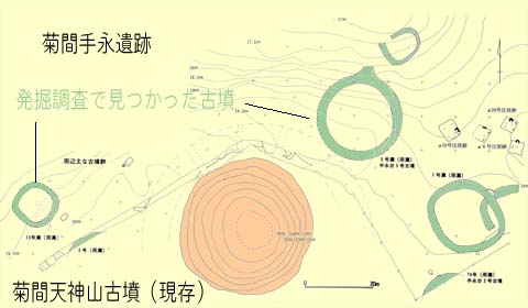 菊間天神山古墳がオレンジの丸、発掘で見つかった古墳を緑の丸で表した地図のイラスト