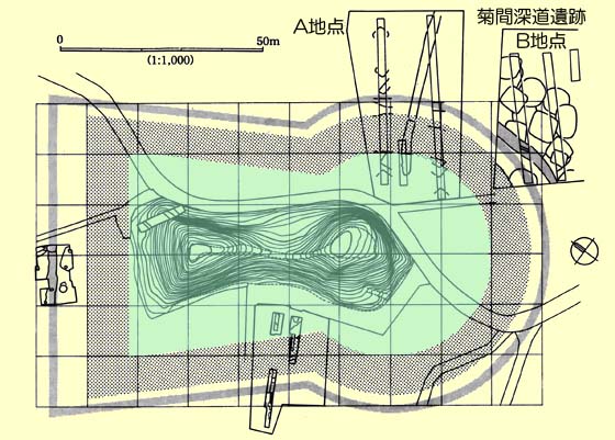 前方後円墳の縮尺や等高線などが描かれた図の画像