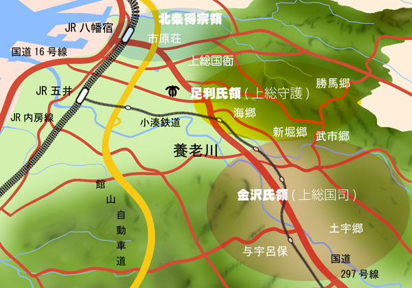 左手にJR内房線があり、右下に金沢氏領と丸く囲われた簡易地図のイラスト