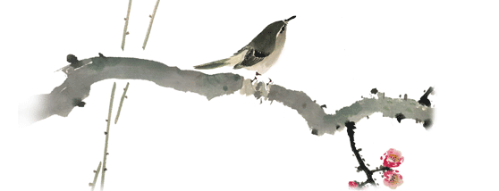 梅の木の上に乗る鳥の水墨画の画像