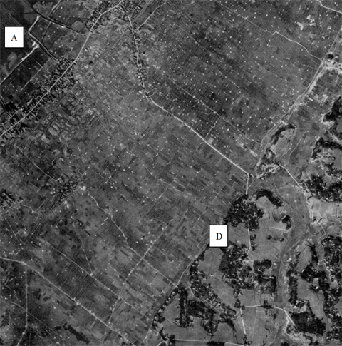 左上にA、右下にDと書かれ、山が切り開かれている様子や田んぼや畑が広がる大地の様子がわかる市原条里制遺跡周辺のモノクロの空中写真