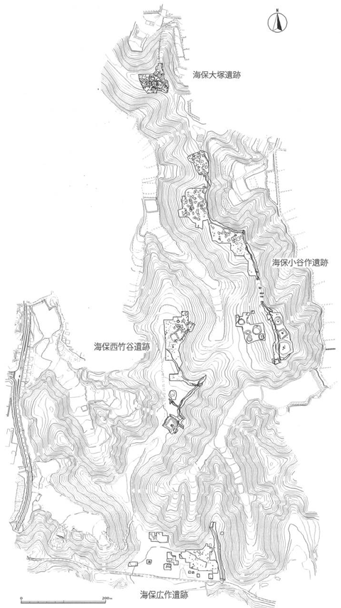 モノクロの海保地区の地図に4つの遺跡の位置を示した地図