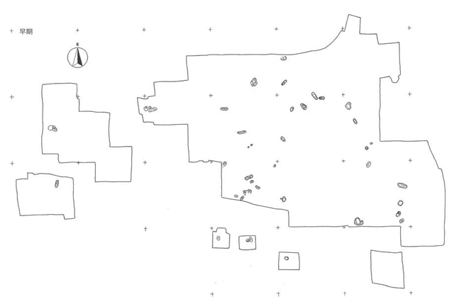 白地に線画で書かれた縄文早期の遺構分布図
