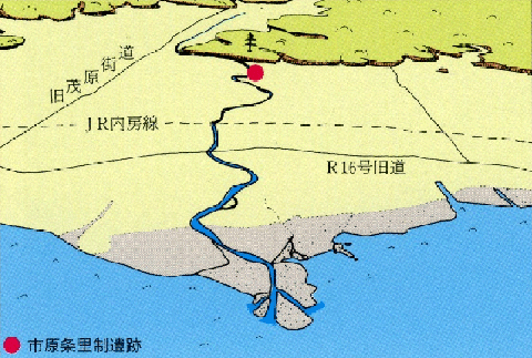 図の赤丸印が市原条里制遺跡で実信貝塚（村田川）周辺の海域の現代（臨海部埋立て前）の環境変遷図