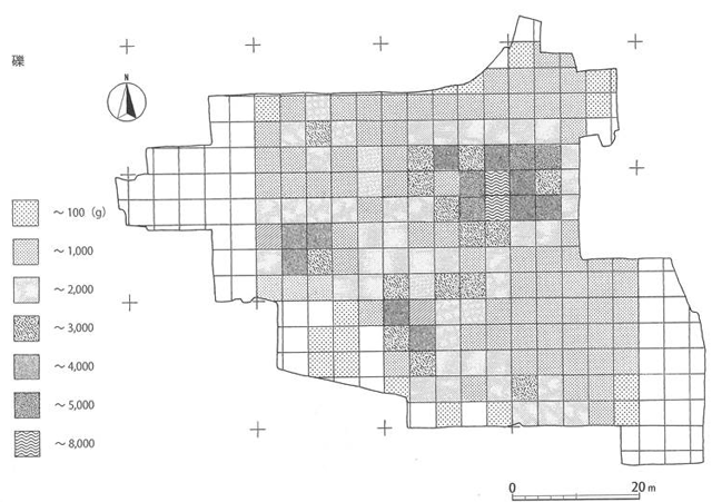 地図の中を正方形で区切り、一定の範囲内にある焼礫の量を示すために模様をつけた分布図とその指標となる模様ごとの数量を示す図
