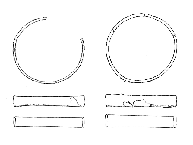 輪っか1つと欠けた輪っか1つと、横に長い長方形の形4つのイラスト銅釧のイラスト