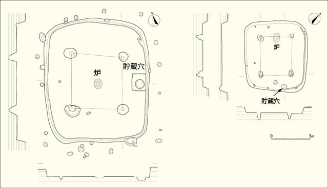 真上から見たSI13(左：北陸系)とSI25(右：地元)の南中台遺跡竪穴住居跡のイラスト