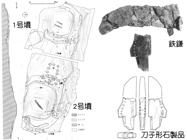 安須古墳群1号墳2号墳と出土遺物の図と白黒写真
