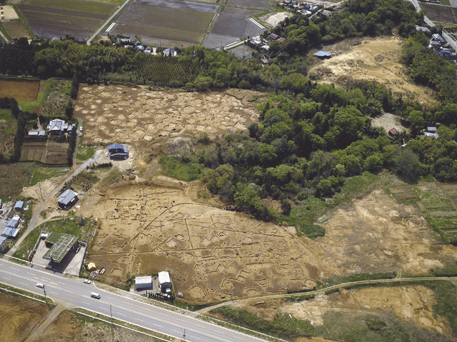 竪穴住居跡や方形周溝墓がある台遺跡全体の上空からの写真