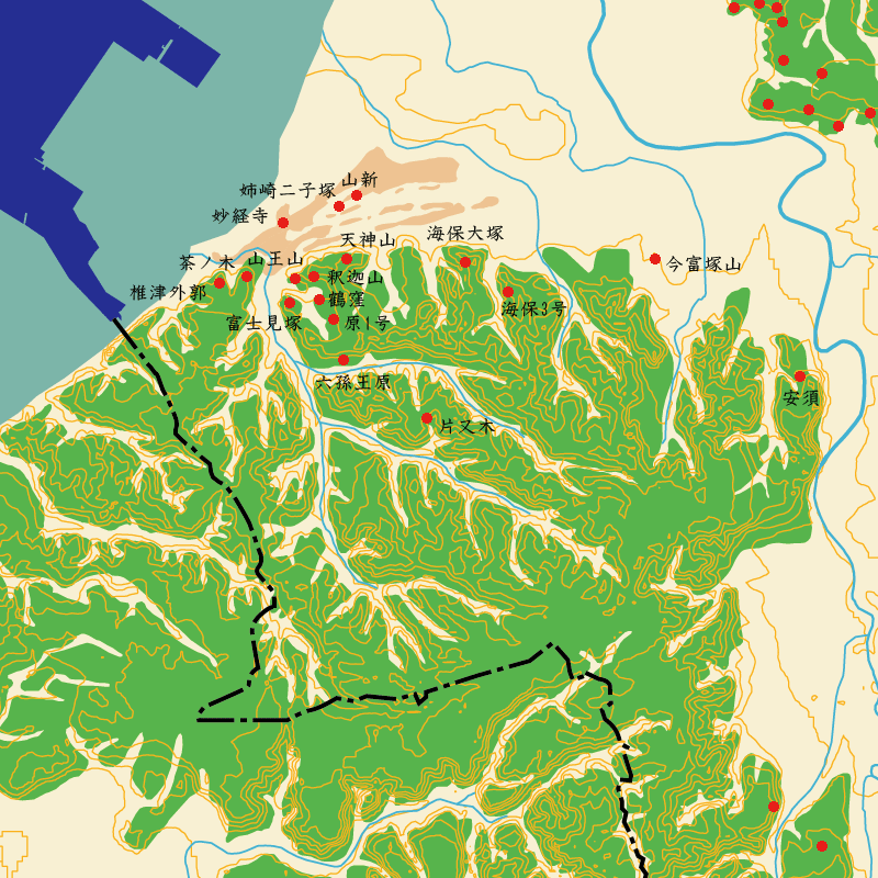 養老川左岸・袖ケ浦台地の古墳時代遺跡の地図