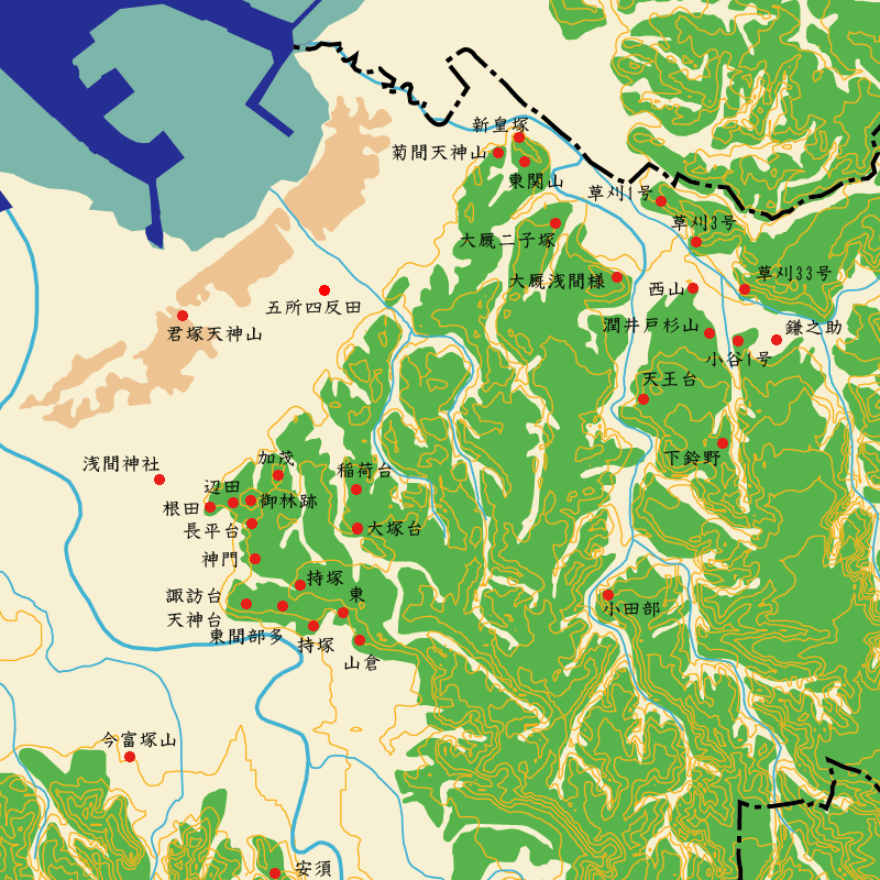 市原台地周辺の古墳時代遺跡の場所を示した地図の画像